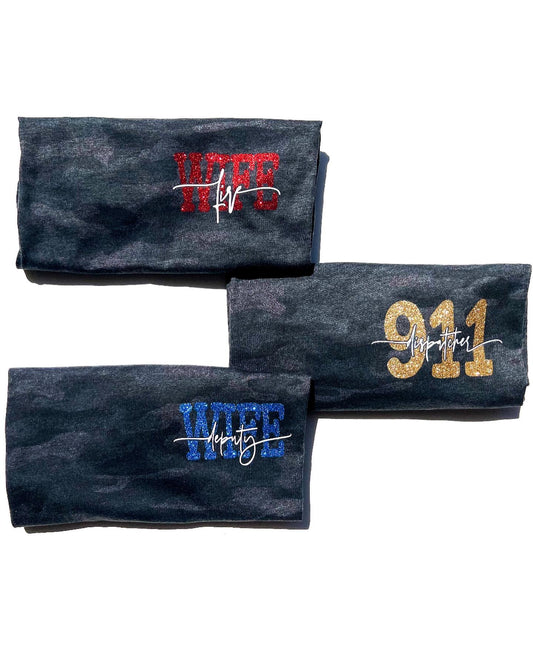 BLACK CAMO - 911 , FIRE , LAW ENFORCEMENT, NURSE POCKET DESIGN
